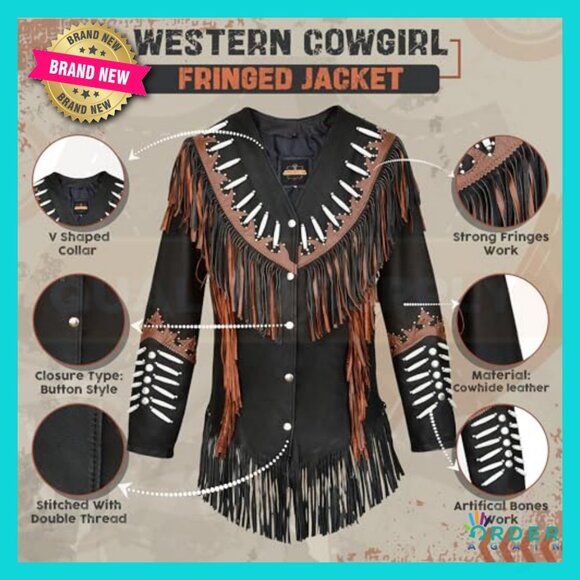 Western Leather Jacket Genuine Cowhide Fringe Tassels Cowgirl Style Classic - Picture 3 of 7